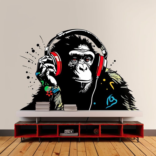 Headphone Chimp Wall Art Sticker - Urban Jungle DJ Ape Decal - Contemporary Music Listening Monkey Vinyl Mural