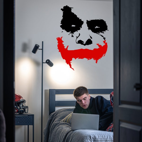 Joker Sticker Mural pour décor - Drôle de clown souriant Visage Noir Vinyle Décalque - Imperméable Smile Head Villain Décoratif Kid Boy Room Cut Mural