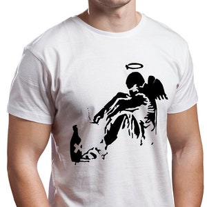 Banksy Fallen Angel Art Print T Shirt - Street Top Graffiti Tshirt - Classic Popular Drunk Tee - Design Rome Bottle Painting T-Shirt Gift