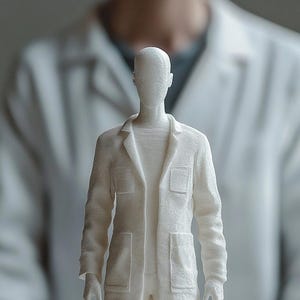 Op de afbeelding: Een witte 3D-geprinte sculptuur van een persoon in een labjas en korte broek. Het beeld staat op een rechthoekige basis. De sculptuur heeft een getextureerd oppervlak en staat tegen een vage achtergrond.