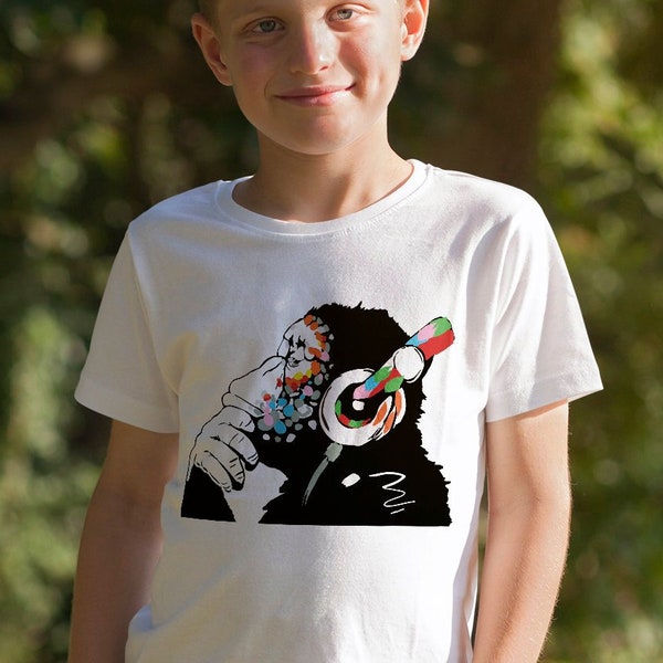 Singe Banksy Art Kids impression T Shirt - T-Shirt Design drôle Graffiti rue Cool Tee - Top pensée anniversaire Tshirt - pépinière casque