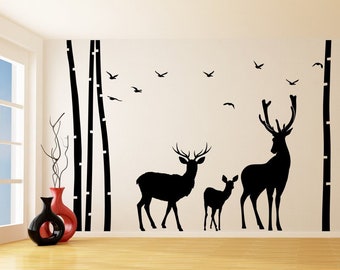 Deer & Moose Wildlife Wall Decal - Adesivo in vinile con foresta di betulle, perfetto per l'asilo nido e la camera dei bambini - Murale artistico ispirato alla natura