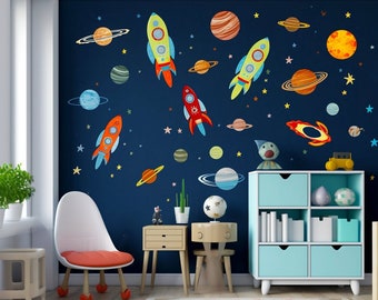 Outer Space Wall Decals - Astronaut and Galaxy Planet Stickers - Rocket Solar System Decor for Kids Boys Girls Nursery Bedroom - Cosmos Gift