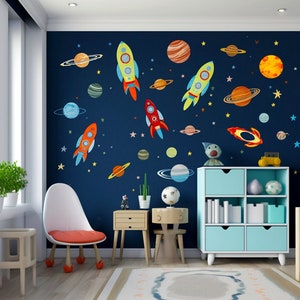 Outer Space Wall Decals - Astronaut and Galaxy Planet Stickers - Rocket Solar System Decor for Kids Boys Girls Nursery Bedroom - Cosmos Gift