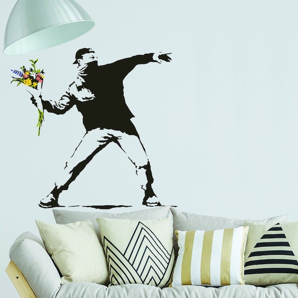 Banksy Flower Thrower Wall Decal - Street Art Graffiti Vinyl Decor Sticker - Waterproof Protest Color Die Cut Mural