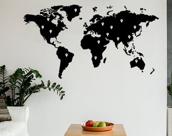 World Map Wall Decal - Large Vinyl Sticker Of The Giant Travel Globe For Bedroom Living Room Decor - Huge Peel And Stick Black Big Mural