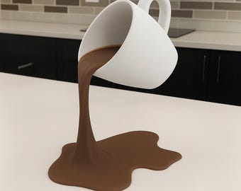 Floating Spilling Coffee Cup | 3D Printed Coffee Sculpture Optical Illusion Decor | Coffee Lover Gift Kitchen Table Centerpiece Barista Art