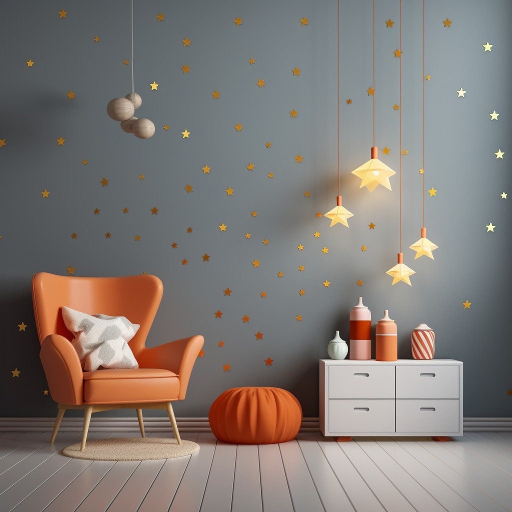 Gold Star Vinyls. Decoration With Decorative Vinyl Gold Stars. Wall  Stickers Golden Stars Decoration. Glitter Gold 