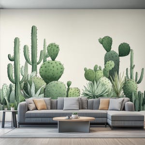 May include: A gray sectional sofa with a green cactus and succulent wallpaper mural. The sofa has a light gray fabric upholstery and a light wood coffee table.