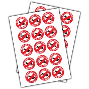 24x No Fish Allergy Alert Sticker - Food Allergies Awareness Safety Decals - Dairy Warning  Notifications Circle Labels Sheets