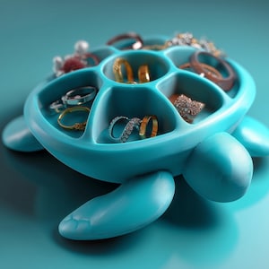 Può includere: Un organizer per gioielli a forma di tartaruga color turchese con un guscio segmentato dotato di scomparti multipli. L'organizer contiene vari anelli in metallo e piccoli accessori nelle sue sezioni divise, mostrando una finitura superficiale testurizzata.