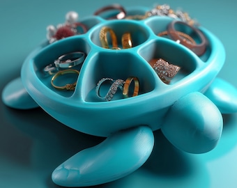 Organizador de joyas con forma de tortuga / Soporte para anillos con forma de tortuga marina / Bandeja para pendientes impresa en 3D / Bandeja para baratijas con temática costera / Decoración de tocador con temática oceánica, regalo para ella
