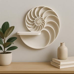Nautilus Wall Shelf | Spiral Floating Shelfs | 3D Printed Geometric Wall Art | Beige Matte Shell-Inspired Hanging | Modern Coastal Decor
