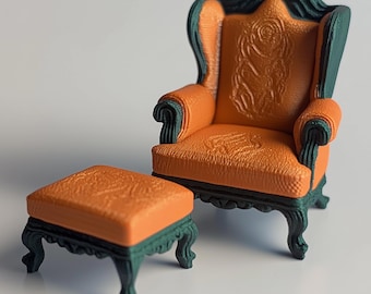 Poltrona e pouf in stile barocco per casa delle bambole / Mobili in miniatura in scala 1:12, sedia decorata stampata in 3D / Arredamento per casa delle bambole vittoriana, sedute in miniatura