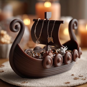 Pode incluir: Um organizador de joias em forma de navio viking impresso em 3D, de cor castanho-escura, com um mastro central que sustenta dois colares dourados. O casco do navio é decorado com escudos circulares nas laterais e contém vários anéis.