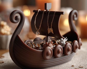 Organizador de joyas con forma de barco vikingo / Soporte para anillos nórdico / Soporte para pendientes impreso en 3D / Bandeja para joyas con forma de barco dragón / Decoración para tocador / Regalo para ella