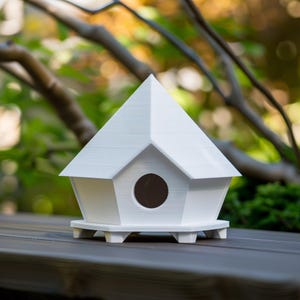 Könnte beinhalten: Ein weißes, sechseckiges Vogelhaus mit einem spitzen, facettierten Dach und einem zentralen, kreisförmigen Eingangsloch. Die Struktur verfügt über eine flache Basis, die von kleinen, gleichmäßig verteilten Füßen gestützt wird.