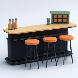 Miniature Bar Counter Set 1:12 Scale Dollhouse Bar | Tiny Bar Furniture Mini Bar Scene | Pub & Stools | 3d Printed Dollhouse Kitchen Decor