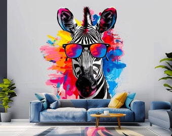 Calcomanía de pared de jirafa caprichosa con gafas - decoración colorida de la pegatina de la habitación del niño de la acuarela - arte animal africano autoadhesivo y reposicionable