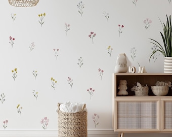 Watercolor Flower Wall Decals | Botanical Wall Stickers for Nursery | Girls Room Floral Wall Art | Soft Pastel Removable Vinyl Decor Set 24x