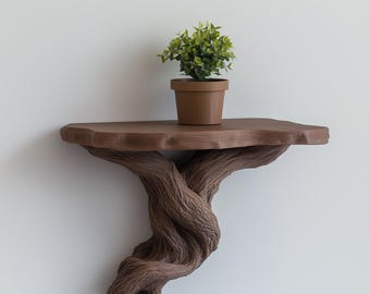 木の根のフローティングシェルフ | 3Dプリントウォールシェルフ | 素朴な植物ディスプレイ | ブラウンの彫刻的な壁飾り | 自然からインスピレーションを得たシェルフアートデコレーション