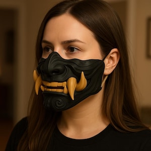 Half Oni Mempo Mask | 3D Printed Oni Mask | Wearable Cosplay Face Mask | Japanese Demon Mask | Halloween Costume Mask | Gift for Him