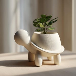 May include: A cream-coloured turtle-shaped planter with a textured surface. The planter holds a small green plant with large leaves. The turtle has a rounded head, four stubby legs, and a shell that forms the body of the planter.