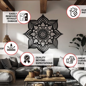 Decalcomania da muro Boho Mandala Adesivo da parete indiano Hippie Zen Grande adesivo in vinile rimovibile per la meditazione, lo yoga, la decorazione della casa a metà mandala immagine 2