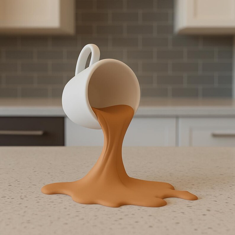 May include: A white ceramic coffee cup with a brown liquid pouring out of it. The liquid is spilling onto a light brown surface.