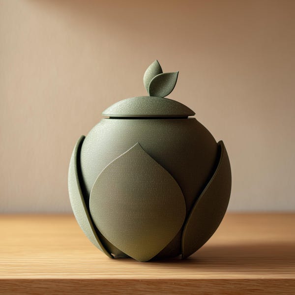 3D-geprinte op de natuur geïnspireerde crematie-urn voor huisdieren met bladontwerp | Organische 3D-geprinte herdenkingsurn voor huisdieren | Modern botanisch herdenkingsdecor