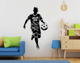 Sticker mural joueur de football prénom personnalisé - Décoration d'intérieur personnalisée - Sticker en vinyle de jeu de football pour garçons pour chambre de garçon et zones de jeu