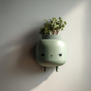 Puede incluir: Un macetero de pared verde claro con un diseño minimalista. El macetero tiene una forma rectangular redondeada con pequeñas patas y un diseño similar a una cara. Contiene una pequeña variedad de plantas verdes, añadiendo un toque de naturaleza a la decoración.