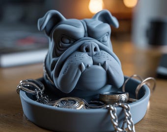Organizador de joyas con diseño de bulldog / Soporte para anillos con forma de perro / Bandeja para relojes de hombre impresa en 3D / Plato para joyas para amantes de las mascotas / Bandeja organizadora para tocador / Regalo para él/papá
