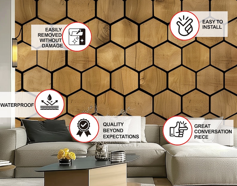 Hexagon Wallpaper Decals - Self-adhesive Wooden Hexagon Wall Design ...