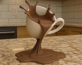 3D Printed Coffee Splash Sculpture | Floating Spilling Coffee Cup Optical Illusion Desk Decor | Coffee Bar Display Unique Barista Gift Cafe