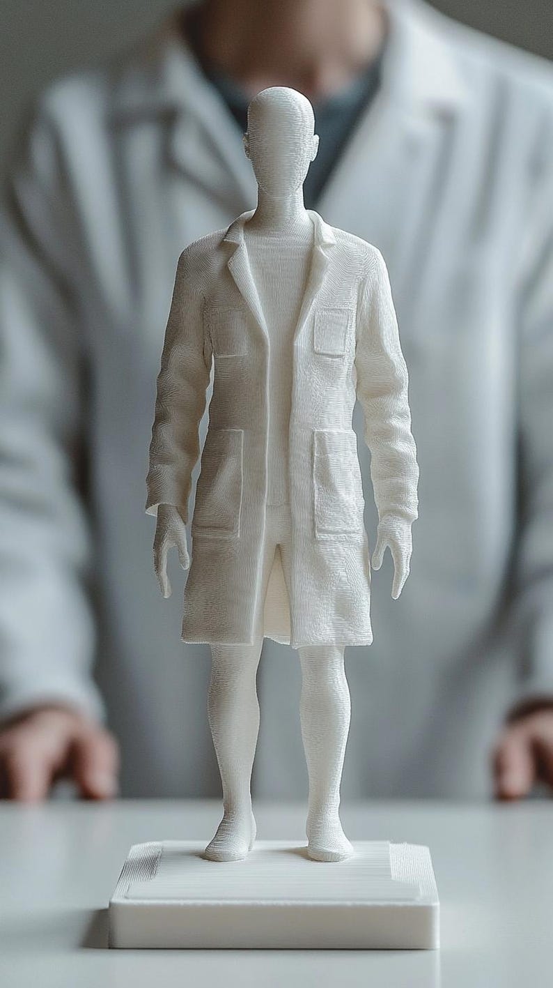 Op de afbeelding: Een witte 3D-geprinte sculptuur van een persoon in een labjas en korte broek. Het beeld staat op een rechthoekige basis. De sculptuur heeft een getextureerd oppervlak en staat tegen een vage achtergrond.