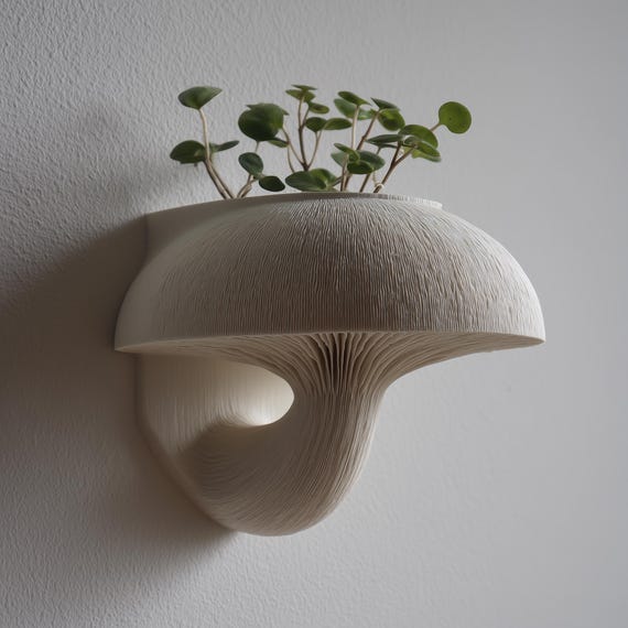 3D Printed Mushroom Wall Planter Shelf | Sculptural Floating Fungi Decor | Modern 3D Printed Wall Accent for Cozy Nature Inspired Interiors