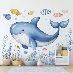 Whale Wall Decals for Kids | Underwater Themed Nursery Decor | Cute Ocean Animals and Coral Stickers | Removable Wall Art for Kids&#39; Rooms