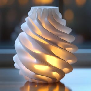 Puede incluir: Lámpara de cerámica blanca con un diseño de remolino y textura. La lámpara está encendida y emite un brillo cálido.