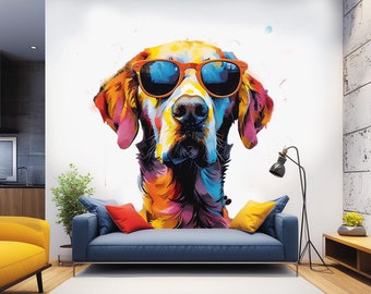 Colorful Watercolor Golden Retriever in Glasses Wall Sticker - Whimsical Toddler Room Dog Art Decal - Self-Adhesive Pet Art Gift Mural