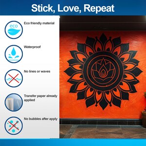 May include: A black and white mandala wall decal with a lotus flower design. The decal is on an orange wall and has the text "Stick, Love, Repeat" at the top. The decal is eco-friendly, waterproof, and has no lines or waves. The transfer paper is already applied, and there are no bubbles after application.