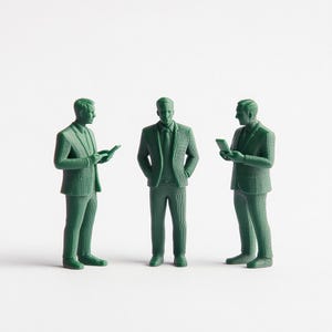 Op de afbeelding: Drie groene miniatuurfiguren van mensen in pakken. Twee figuren houden tablets vast, terwijl de derde met zijn handen in zijn zakken staat. De figuren staan tegen een effen witte achtergrond.
