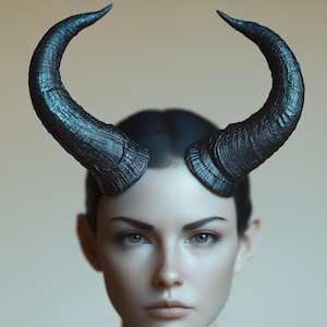 Puede incluir: Una mujer con cabello oscuro lleva un par de cuernos grandes, negros y curvos en la cabeza. Los cuernos están hechos de un material texturizado y tienen una punta afilada en el extremo. La mujer tiene una expresión seria en su rostro.