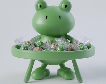 3D-geprinte schattige kikker snoepkom/dienblad, cartoon dierenfiguur sleutelhouder, speelse snackkom voor op het bureau, cottagecore bureaudecoratie