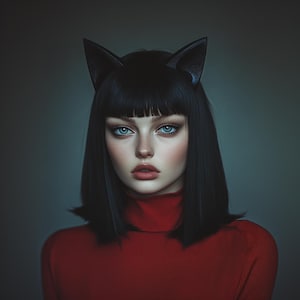 May include: A woman with black hair and blue eyes is wearing a red turtleneck sweater and black cat ears.
