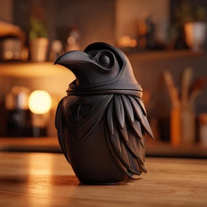 Peut inclure: Un pot en céramique noir mat en forme de corbeau stylisé avec un couvercle amovible. La figurine d'oiseau présente des textures de plumes gravées détaillées sur le corps et les ailes, un bec proéminent et un petit emblème triangulaire sur la poitrine.