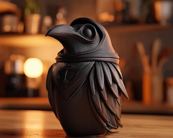 Raven-Gedächtnis-Urne mit Deckel | 3D gedruckter Vogel-Asche-Andenken-Behälter für gotische Regal-Dekor- und Erinnerungs-Anzeigen-Akzent