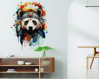 Autocollant mural aquarelle bébé panda – Ours panda avec chapeau de plumes indiennes – Décoration safari pour chambre de garçons et de filles – Plusieurs tailles