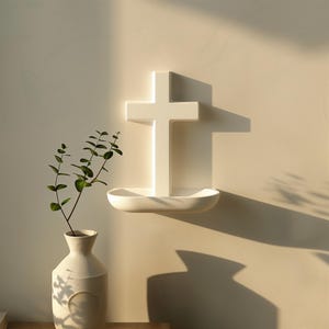 étagère murale en croix imprimée en 3D | Décoration minimaliste pour coin prière | Rebord flottant moderne pour une décoration intérieure confortable dans une maison ou une chapelle