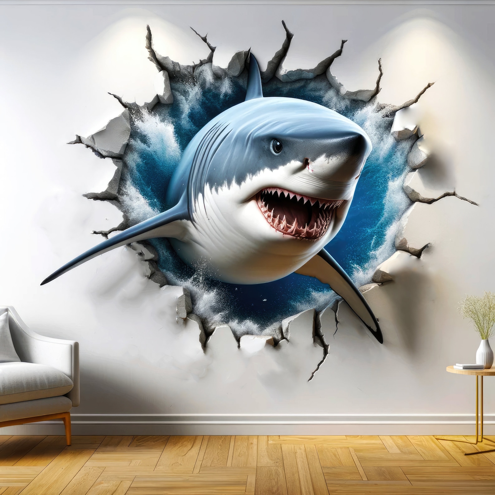 3D Great White Shark Wall Sticker - Realistic Shark Bursting Through